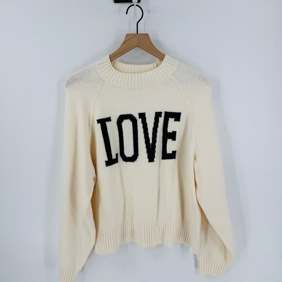 Old Navy SoSoft LOVE Sweater Cream Black Graphic Knit Pullover Size Large - Picture 1 of 6